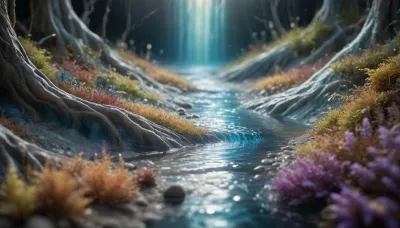 microscope 4d macro, dream, “A fully dreamlike, mystical scene representing the flow of inner transformation. There are no figures, only a luminous, pulsating stream of energy flowing through a surreal landscape. Light and shadow merge, chaos and calm intertwine, and colors shift dynamically like liquid auroras — golds, silvers, blues, and soft rainbow tones. The energy flows through reflective space, misty air, and subtly illuminated foliage, casting ethereal glows and soft ripples. The atmosphere is otherworldly, serene, and sacred, conveying unity, wholeness, and the eternal rhythm of life. The scene feels infinite, fluid, and immersive, like witnessing the essence of transformation itself.