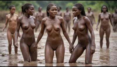 (ultrarealistic photography), (full body view), totally nude congo girls mud wrestling, detailed faces, wet shiny bodies