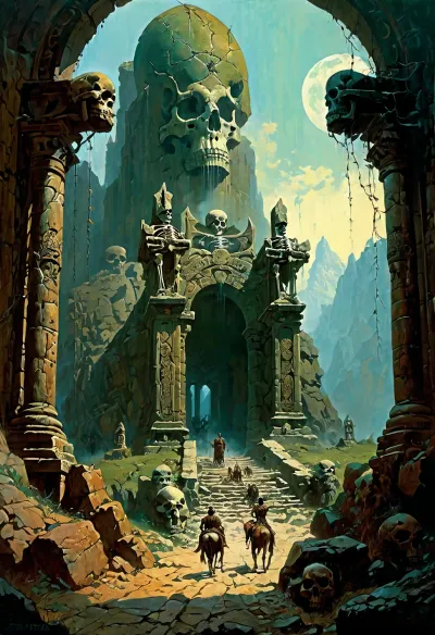 (Epic shot:1.2), dark fantasy, a lone warrior in front of huge skull-shaped gates carved into a mountain, (skeleton details:1.3), dripping slime, weathered stone, ancient architecture, vines, roots, eerie, ominous, (fantasy art, dark fantasy:1.1), (high detail, complex, grainy texture, ю1.2), volumetric lighting, dramatic shadows, muted dark colors, green, brown, gray, discolored, deep perspective, (digital painting, concept art by Frank Frazetta, Zdzisław Beksiński:1.3), gloomy, atmospheric, (masterpiece, best quality, ultra-high resolution), sharp focus, award-winning professional artwork
