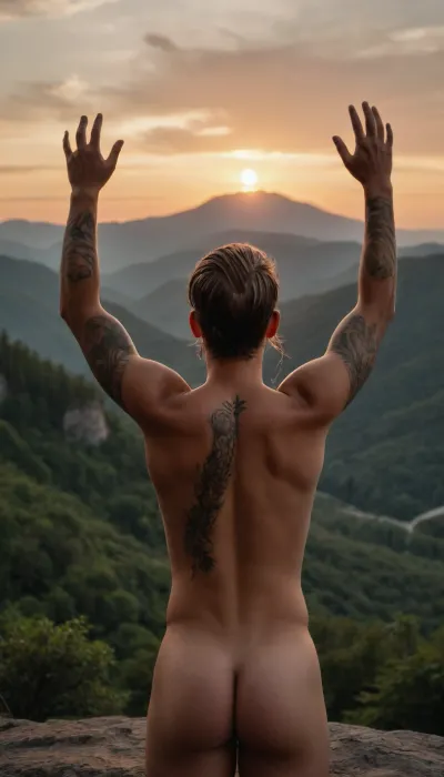 Man, braided hair, naked, seen from behind, raising his arms to the sunrise, noble face, wild tattoos, on a cliff, above a forest, a mountain in the background