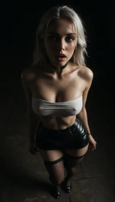 (score_7_up, score_8_up, score_9, 1girl, solo, masterpiece), (face close-up), ((standing)), deep cleavage, (overhead view, view from above:1.3), (skindentation:1.1), sultry, seductive, seducing, alluring, intimate, sexual, horny, ((long white hair)), (black leather micro skirt), 18yo girl, (athletic skin body), (narrow waist:1.4), ((hip gap)), insatiable, lustful, erotica, irresistible, ziprealism, white tube-top, erected nipples, black choker, platform high-heels, oiled skin, (black fishnet stockings with garters), (makeup), (garters), (mouth wide open), ((light_blue_eyes)), (black background, chiaroscuro lighting:1), <lora:sunnyrayyxo_v1_SDXLBase:.4>, <lora:dark:.6>
