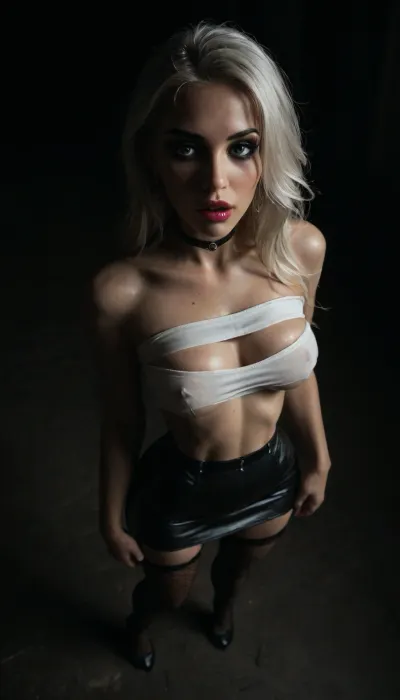 (score_7_up, score_8_up, score_9, 1girl, solo, masterpiece), ((face close-up)), ((standing)), deep cleavage, (overhead view, view from above:1.3), (skindentation:1.1), sultry, seductive, seducing, alluring, intimate, sexual, horny, ((long white hair)), (messy long hair), (white hair:1.5), (black leather micro skirt), 18yo girl, (athletic skin body), (narrow waist:1.4), ((hip gap)), insatiable, lustful, erotica, irresistible, ziprealism, white tube-top wit cutout, erected nipples, black choker, platform high-heels, oiled skin, (black fishnet stockings with garters), ((makeup:1.6)), (garters:1), dim light, (mouth wide open), ((light_blue_eyes:1.4)), (black background, chiaroscuro lighting:1), <lora:sunnyrayyxo_v1_SDXLBase:.4>, <lora:dark:.6>