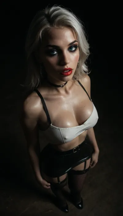(score_7_up, score_8_up, score_9, 1girl, solo, masterpiece), ((face close-up)), ((standing)), deep cleavage, (overhead view, view from above:1.3), (skindentation:1.1), sultry, seductive, seducing, alluring, intimate, sexual, horny, ((long white hair)), (messy hair), (white hair:1.5), (black leather micro skirt), 18yo girl, (athletic skin body), (narrow waist:1.4), ((hip gap)), insatiable, lustful, erotica, irresistible, ziprealism, white tube-top, erected nipples, black choker, platform high-heels, oiled skin, (black fishnet stockings with garters), ((makeup:1.6)), (garters:1.6), dim light, (mouth wide open), ((light_blue_eyes:1.4)), (black background, chiaroscuro lighting:1), <lora:sunnyrayyxo_v1_SDXLBase:.4>, <lora:dark:.6>