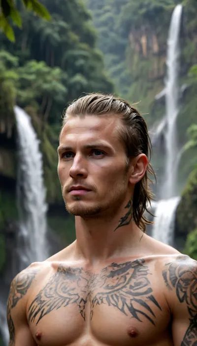 Athletic white man wearing animal skin, firm face, hunting with warrior, in jungle, mountain in background, tribal tatoo on body, waterfall