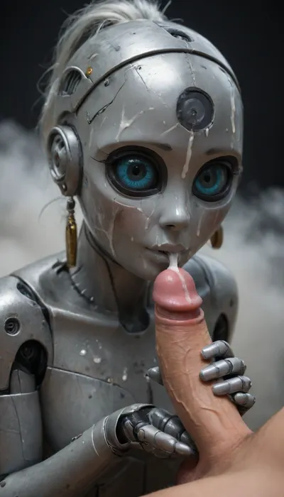 hetero miniature robot made of steel in, (perfect penis design made of steel:1.8), (Two tiny hands on the sides:1.2), (perfect miniature fingers made of silicone:1.2), a rotating round steel robot head in the design of an penis glans with two eyes and sucking lips, The steel feet look like a scrotum, the robot's appearance is very cute, (ejaculate:1.8), black background, cloudy, smoke, atmospheric, clouds, fog, bukkake, cum, <lora:Simon_Stalenhag_LFTL_SDXL:.8>, <lora:Cloudy_Style:1.2>, <lora:MS_Real_XL_Bukkake:1.9>