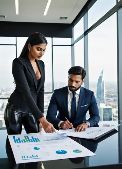 Close-up. Modern office scene, A professional female office manager, (dark-skinned pakistani woman, 20s), wearing skintight black latex leggings, reviews documents with her male businessman supervisor, (50s), male wears dark business suit, . They stand near a glass conference table, pointing at a project timeline displayed on a monitor. Natural light from floor-to-ceiling windows, city skyline view. Details, laptops, ergonomic chairs, potted plants, organized shelves. Style, corporate photography, clean composition, collaborative atmosphere, looking, at, viewer, <lora:looking_at_viewer:.8>, <lora:FF-Latex.ID-XL-011.bf16:.8>, latex, matte, shiny, inflatable, <lora:shinylatex-merged:.8>