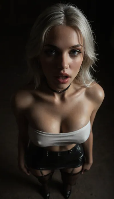 (score_7_up, score_8_up, score_9, 1girl, solo, masterpiece), (face close-up), ((standing)), deep cleavage, (overhead view, view from above:1.3), (skindentation:1.1), sultry, seductive, seducing, alluring, intimate, sexual, horny, ((long white hair)), (black leather micro skirt), 18yo girl, (athletic skin body), (narrow waist:1.4), ((hip gap)), insatiable, lustful, erotica, irresistible, ziprealism, white tube-top, erected nipples, black choker, platform high-heels, oiled skin, (black fishnet stockings with garters), (makeup), (garters), (mouth wide open), blue eyes, (black background, chiaroscuro lighting:1), <lora:sunnyrayyxo_v1_SDXLBase:.4>, <lora:dark:.6>