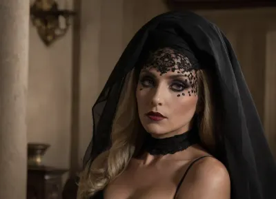 photo of a slender Polish Lady, full body view, sit in a rolls roice, from feet to hat, (blonde:2), mature, in a medieval crypt, ((crawled, 90, ((crossed legs)), doggy style, chest on a black marble coffin, ready for being fucked)), 69 yo, realistic swinger, squared face, skully, cheater, evil widow, realistic skin with blemishes and birthmarks, a, ((mole near the upper lip)), photo taken by old iphone, voyeur, she is mature, granny, widow with a black wedding dress, in he park of a graveyard during a burial, classy lady with realistic Deanna Troi face, widow, ((wide brin hat, black sheer veil on hat, face is partially covered by the black veil, very long veil falling from head:1.9)), slender, mature amateur, swinger, ((Deanna Troi face)), Blonde Polish MILF, CEO, long chin, square traits, nude legs, big nose, arched nose, ((very straight hairstyle:1.9)), high cheekbones, marked cheekbones, long nose, wide nose, perky nose, wide chin, wrinkles, steep arched eyebrows, long eyelashes, hard makeup, very straight hair, ((very light eyes, icy eyes, foxy eyes, seducing eyes, half closed eyes, shadowed eyes)), shadowed eyes, gold long earrings, thin lips, wrinkles on upper lips, dark lipstick, realistic skin, blemishes, birthmarks, (highly detailed, 8k, digital painting, Blonde Morticia Addams inspiration, Deanna Troi:1.6), lot of cleavages, backless dress, dress asymmetrically rolled up on her hips, asymmetric pose of hips, seducing pose, showing ass, showing perfect legs, ((one shoulder slips)), (blonde hair, cellulite dimples on thighs, long legs, black gloves, black sheer stockings, hairy pussy), (elegant long sexy dress, backless dress, sleeveless dress, with open ass, hairy ass, wrinkled ass, realistic ass), rear pussy, hairy pussy, look aside, ass spread, wrinkled ass, pubic hair, ((hairy labia)), from behind, small saggy breasts, closeup, closed thighs, wide brim hat, black hat, black veil on hat, ((in car)), 35mm photograph, film, bokeh, professional, 4k, highly detailed, <lora:dark:.6>, <lora:rearpussy-xl-1.0:1>, <lora:1228684_training_data:.8>, RealBlackFFStocking, <lora:RealBlackFFStocking_XL:.8>