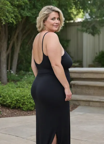 Full body shot, 50 year old woman, layered haircut, green eyes, black thin maxidress, obese, chubby, wide hips, curvy, small floppy breasts, sagging breasts, deflated breasts, tan lines, light blonde hair with highlights, upturned nose, SaggySlimXL, bottomheavy, big, ass, huge, gigantic, thick, thighs, massive, <lora:updated_saggy_slim:1>, <lora:clothed_small:.5>, <lora:bottomheavy_v1_sdxl_tags:.8>