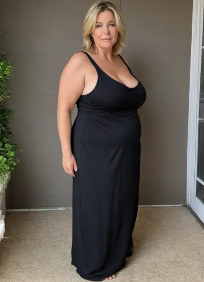 Full body shot, 50 year old woman, layered haircut, green eyes, black thin maxidress, obese, chubby, wide hips, curvy, small floppy breasts, sagging breasts, deflated breasts, tan lines, light blonde hair with highlights, upturned nose, SaggySlimXL, bottomheavy, big, ass, huge, gigantic, thick, thighs, massive, <lora:updated_saggy_slim:1>, <lora:clothed_small:.5>, <lora:bottomheavy_v1_sdxl_tags:.8>