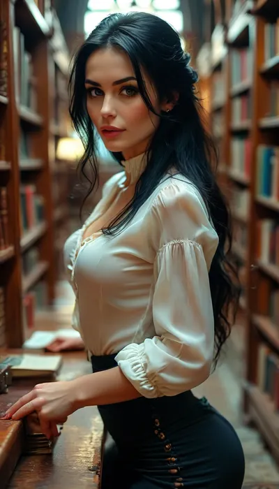 beautiful sexy mature 30 year old Russian woman, very long black hair, hair half up half down, sexy eyes, 35c tits, in a library, good hands, perfect fingers, blowjob, blouse and skirt, she is opening tight buttoned blouse to seduce you, <lora:BUT_SDXL_SHS:1.3>, <lora:MJ52:.1>, <lora:Vivid Midjourney mimic - XL SDXL v2.0:1.1>