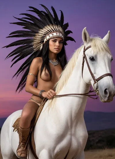 8k, professional photo, high quality, HDR, RAW color, HDR photo, best quality, ultra-detailed, panorama, masterpiece, finest details, high resolution, 8k wallpaper, photorealistic, (perfect artificial twilight lighting:1.5), (best shadows), (((20-year-old slim Native American girl with feather headdress:1.4))), (((shiny black straight very long hair:1.4))), (((naked aesthetically pleasing dark-skinned upper body:1.4))), (((sitting astride a white horse))), (((bow in hand, tomahawk attached to pants))), panoramic view, wide-angle view, camera looking up from below and from the side