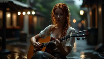 candid full body photo of a beautiful sexy very petite 33 year old redhead street musician, long braided wet ginger hair, perfect hands, perfect fingers, no makeup, freckles, skinny, small breasts, glasses, dressed in white bra, wearing an opened wet blouse, setting is a dirty alley at hard rainy day, sits on her guitar case, a tin can for coins stands on the ground in front of her, plays an acoustic guitar, (perfect acoustic guitar:1.3), silent smile, view from side and above, wet paving stones, puddles around her, thunderstorm, rain, many people walk past her in a blur, photorealistic, highly detailed, <lora:MJ52:2>, <lora:BUT_SDXL_SHS:2>, <lora:style_lora_realis:2>, <lora:attractive_notrigger:2>, <lora:dark:.1>