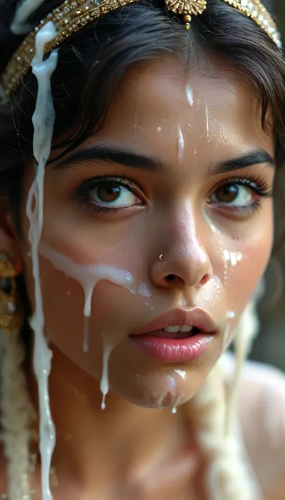 18 year old female indian queen, covered in thick white realistic cum, sexy expression, woman, cum, on, face, <lora:MJ52:.3>, <lora:BUT_SDXL_SHS:1.3>, <lora:add-detail-xl:.7>, <lora:CinematicStyle_v1:2>, <lora:JustCum:1.5>