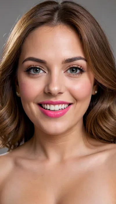 (masterpiece, best quality, photorealistic, ultra-detailed, highres, soft lighting), 1girl, (milf), (mature:1.3), 65 y.o., Macedonian, chubby heart-shaped face with refined features, thick arched eyebrows, large light hazel-blue eyes with long thick eyelashes, straight nose with delicate tip, very plump glossy lips with bright pink hue, high cheekbones, soft chin, wrinkles on face, olive skin with warm undertone, few faint freckles on nose, lips parted, open mouth, voluptuous lips, smiling, big smile, straight white teeth, bold makeup with winged eyeliner and bright lipstick, centered face, symmetrical, plump lips, sultry parted lips, shoulder-length wavy auburn hair framing face, in a softly blurred gradient background, <lora:add-detail-xl:2>, downblouse, nipslip, <lora:RealDownblouseXL2:.8>