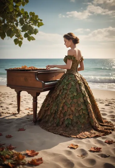 On the beach, a woman, she wears a dress made of leaves and plays the harpsichord, /©KlTTY-ART/