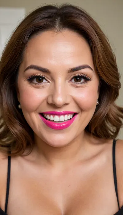 (masterpiece, best quality, photorealistic, ultra-detailed, highres, soft lighting), Obese, (milf), (mature:1.5), 65 y.o., Macedonian, chubby heart-shaped face with refined features, thick arched eyebrows, large light amber eyes with long thick eyelashes, straight nose with delicate tip, very plump glossy lips with bright pink hue, chubby cheeks, soft chin, wrinkles on face, olive skin with warm undertone, few faint freckles on nose, lips parted, open mouth, voluptuous lips, smiling, big smile, straight white teeth, bold makeup with winged eyeliner and bright lipstick, centered face, symmetrical, plump lips, sultry parted lips, shoulder-length wavy auburn hair framing face, in a softly blurred gradient background, downblouse, nipslip, <lora:RealDownblouseXL2:.8>