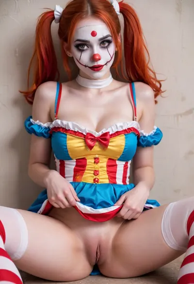 young beautiful girl 18 years old clown girl with big breasts, wearing a pulled-up dress without any underwear, laying on her back with spread legs, no panties, long striped socks, clown makeup, skinny, white face paint, detailed vagina, looking at the viewer, back long high twin multi-colored ponytails, excited, aroused, tack sharp, 4k, dslr