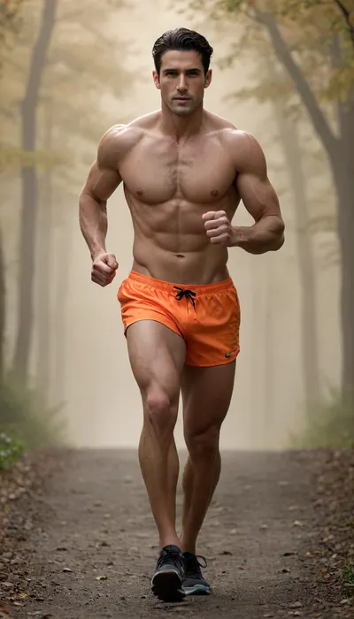 ((Masterpiece:1.8), (Ultra-realistic:1.5), (Maximum quality:1.9), (Ultra-high resolution 8K), (UHD), (Luxury detail:1.3)), (A 35-year-old elite runner prepares for a run at dawn on a flat hillside 1.2), . Full-length portrait, athletic build with well-defined muscles, prominent and toned calves and quads that stand out dynamically, toned arms, tanned skin, moist and glistening with subtle reflections of sweat and dew, combed black hair, shirtless, neon orange athletic shorts that contrast with the earthy tones of the gravel hillside, determined expression with a strong jaw and a gaze fixed straight ahead., (The soft golden light of dawn pierces through the dense mist, casting an ethereal glow and contour lighting on the muscles:1.2), . A misty morning atmosphere with fog, a softly blurred background with distant trees for added depth and immersion. Perfect anatomy without distortion or artifacts, crisp and intricate details in the texture. The skin, the veins, the faces, the muscle fibers, the folds of the fabric, and the wisps of fog, a cinematic composition, a dynamic tension, a professional and motivating atmosphere that evokes the disciplined style of elite training—raw, textured, real, sharp, noise-free, flawless.