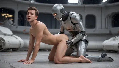 Masterpiece, uncensored, photorealistic, two gay robot, (male white teslabot robot, kneeling fucking slender male excited guy in ass), in space station, scifi, teslabot, <lora:Train_TeslaBot:.8>