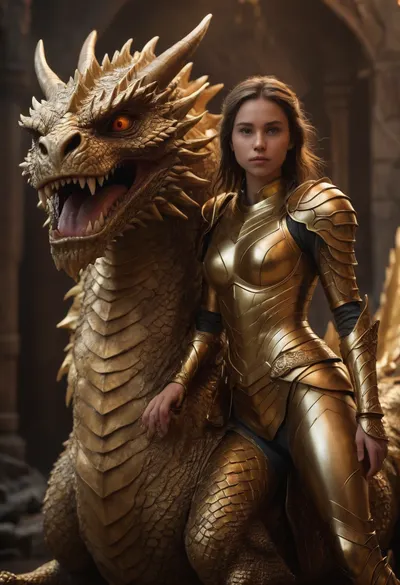ultrarealistic girl with a gold armor, fantasy backgroud, is riding a gold huge dragon