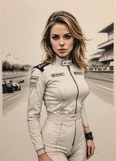 detailed pencil drawing with clean lines and meticulous shading, female racing driver, sidelight, fetish costume, cross eyes, formula 1 background, erotic, hot, sexy, dynamic sexy pornstar pose, blurry background, 1girl, after sex pussy, front view, тlineart, blurry white background, drawing, by, NTY, jsbw, style, v0ng44g, sk3tch, .8>, <lora:JasmineBWXLDoguMini:.7>, <lora:sketch_it:1.4>, <lora:195794_training_data:.9>