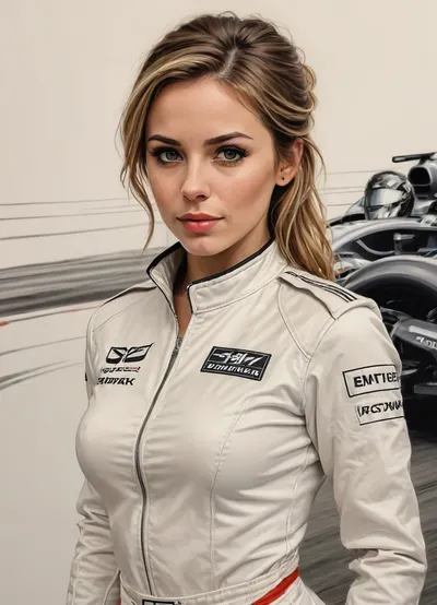 detailed pencil drawing with clean lines and meticulous shading, female racing driver, sidelight, fetish costume, cross eyes, formula 1 background, erotic, hot, sexy, dynamic sexy pornstar pose, blurry background, 1girl, after sex pussy, front view, тlineart, blurry white background, drawing, by, NTY, jsbw, style, v0ng44g, sk3tch, .8>, <lora:JasmineBWXLDoguMini:.7>, <lora:sketch_it:1.4>, <lora:195794_training_data:.9>