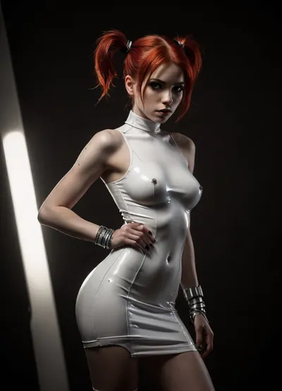 detailed pencil drawing with clean lines and meticulous shading, skinny petite female cyborg, sidelight, bright red hair, (pigtails), white latex minidress, cross eyes, futuristic background, erotic, hot, sexy, dynamic sexy pornstar pose, blurry background, 1girl, after sex pussy, front view, тlineart, blurry white background, drawing, by, NTY, jsbw, style, v0ng44g, sk3tch, .8>, <lora:JasmineBWXLDoguMini:2>, <lora:sketch_it:2>, <lora:195794_training_data:2>, <lora:dark:.8>