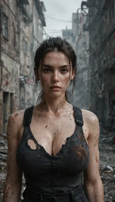 female german zombie apocalypse survivor, mid 20s, solo portrait, dirty torn tactical 2025 street clothing, european facial structure, fingerless gloves, bruised and scratched skin, messy ponytail, large breasts, sweat, dust, exhausted intense stare into camera, abandoned ruined european city background, broken concrete buildings, smoke hanging in air, cinematic moody post processing, volumetric light, dramatic shadows, ultra realistic photography, ultra detailed skin pores, gritty RAW photo, depth of field, sharp focus, survivor realism documentary war photography style, cold desaturated overcast winter daylight, grey skies, european winter light, subtle blue tone, harsh realism