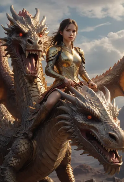 ultrarealistic girl with a gold armor, fantasy backgroud, is riding a gold huge dragon, arien_dragon, <lora:ArienDragonGirlV1-SDXL:.8>
