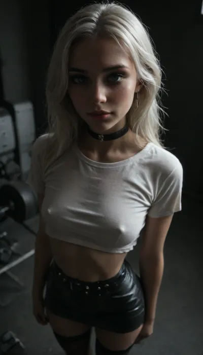 (score_7_up, score_8_up, score_9, 1girl, solo, masterpiece), (seductive face), happy face, ((long white hair:1.5)), ((black leather micro skirt)), 18yo girl, (athletic skin body), (narrow waist:1.4), ((hip gap)), black belt_choker, ((into the gym)), ((black stockings)), (chiaroscuro lighting:.5), ((blue_eyes:2)), (makeup:1.4), erected nipples, (white crop shirt), ((white tiny crop shirt)), (view from above:2), (overhead view:1.3), <lora:sunnyrayyxo_v1_SDXLBase:.4>, <lora:dark:.4>, <lora:Her_Eyes:1.2>