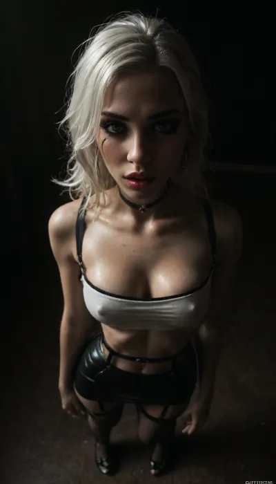 (score_7_up, score_8_up, score_9, 1girl, solo, masterpiece), ((face close-up)), ((standing)), deep cleavage, (overhead view, view from above:1.3), (skindentation:1.1), sultry, seductive, seducing, alluring, intimate, sexual, horny, ((long white hair)), (messy hair), (white hair:1.5), (black leather micro skirt), 18yo girl, (athletic skin body), (narrow waist:1.4), ((hip gap)), insatiable, lustful, erotica, irresistible, ziprealism, white tube-top, erected nipples, black choker, platform high-heels, oiled skin, (black fishnet stockings with garters), ((makeup:1.6)), (garters:1.6), dim light, (mouth wide open), ((light_blue_eyes:1.4)), (black background, chiaroscuro lighting:1), <lora:sunnyrayyxo_v1_SDXLBase:.4>, <lora:dark:.6>