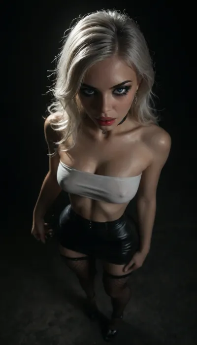 (score_7_up, score_8_up, score_9, 1girl, solo, masterpiece), ((face close-up)), ((standing)), deep cleavage, (overhead view, view from above:1.3), (skindentation:1.1), sultry, seductive, seducing, alluring, intimate, sexual, horny, ((long white hair)), (messy long hair), (white hair:1.5), (black leather micro skirt), 18yo girl, (athletic skin body), (narrow waist:1.4), ((hip gap)), insatiable, lustful, erotica, irresistible, ziprealism, white tube-top, erected nipples, black choker, platform high-heels, oiled skin, (black fishnet stockings with garters), ((makeup:1.6)), (garters:1), dim light, (mouth wide open), ((light_blue_eyes:1.4)), (black background, chiaroscuro lighting:1), <lora:sunnyrayyxo_v1_SDXLBase:.4>, <lora:dark:.6>