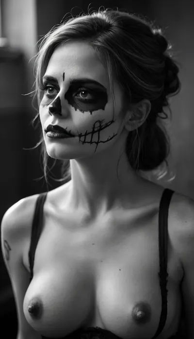 Tangled, (skull face), frown, (painted face), partial profile, monochrome, ((retrousse tits)), (medium tits), black jaw, pointed chin