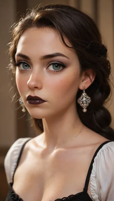 Goth, (tangled:1.3), (Casablanca), hottie, score_9, score_8_up, score_7_up, pale eyes, pointed chin, multiple ring earrings, solo focus, sexy, (frown:1.4), (pointy breasts), (retrousse tits), (thick lashes), (black lipstick), bust View, (3/4 profile), <lora:PerfectEyesXL:.8>