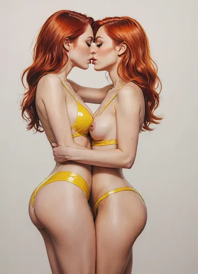 detailed pencil drawing with clean lines and meticulous shading, females, 2 girls, kissing, holding each other, sidelight, red hair, bright yellow latex bikini, cross eyes, futuristic neon lit spacecraft background, erotic, hot, sexy, dynamic sexy pornstar pose, blurry background, 1girl, after sex pussy, front view, тlineart, blurry white background, drawing, by, NTY, jsbw, style, v0ng44g, sk3tch, .8>, <lora:JasmineBWXLDoguMini:2>, <lora:sketch_it:2>, <lora:195794_training_data:2>