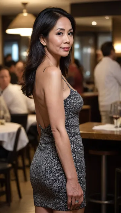 Side profile view photo of petite beautiful sexy 62 year old filipina-american temptress, she is standing in a dark crowded modern restaurant at night, wearing a tight black and white mini dress, looking back at camera, cute ass, nice legs, (((very petite body))), soft features, soft jawline, full lips, very small body, Brown eyes, long black hair, natural age appropriate face and body. Natural tits, (((mature))), some wrinkles, heavy makeup, ((aged face and body)), sultry look