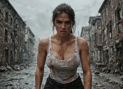 female german zombie apocalypse survivor, mid 20s, with companion canine, she is front center, dirty torn tactical 2025 street clothing, european facial structure, bruised and scratched skin, messy ponytail, large breasts, exhausted intense stare into camera, sharp focus on her.
behind to her right stands a large muscular Rottweiler apocalypse survivor canine, snarling teeth bared, aggressive protective stance, dirty matted fur with dried blood and scars, harsh survivor look.
abandoned ruined european city background, broken concrete buildings, smoke hanging in air, cinematic dramatic volumetric lighting, gritty raw ultra realistic photography, high resolution, depth of field, survival realism documentary war photography style, cold desaturated overcast winter daylight, grey skies, european winter light, subtle blue tone, harsh realism