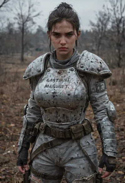 female german zombie apocalypse survivor, mid 20s, wearing makeshift scavenger armor, patched torn tactical 2025 street clothing reinforced with salvaged metal plates, duct tape reinforcement, cut tire rubber shoulder guard, improvised forearm protection, rugged fingerless gloves, dirty worn knee pads, bruised scratched skin, messy ponytail, large breasts, intense determined stare, gritty ultra realistic photography, high resolution, depth of field, survival realism documentary war photography style, cold desaturated overcast winter daylight, grey skies, european winter light, subtle blue tone, harsh realism