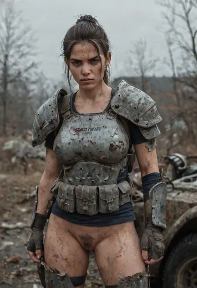 female german zombie apocalypse survivor, mid 20s, wearing makeshift scavenger armor, patched torn tactical 2025 street clothing reinforced with salvaged metal plates, duct tape reinforcement, cut tire rubber shoulder guard, improvised forearm protection, rugged fingerless gloves, dirty worn knee pads, bruised scratched skin, messy ponytail, large breasts, exposed pussy, pubic hair, intense determined stare, gritty ultra realistic photography, high resolution, depth of field, survival realism documentary war photography style, cold desaturated overcast winter daylight, grey skies, european winter light, subtle blue tone, harsh realism