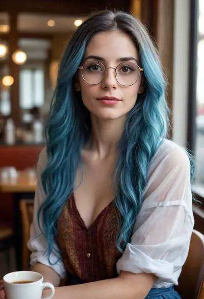 30 year-old woman, subtle makeup, Brown eyes, dark eyes, intense look, eccentric, mischievous, lewd, open hair, 1/2 view, Dr. Evelyn, English, PhD in human anatomy and sex studies. University professor. Realistic face. Long wild blue hair. Rimless huge round Glasses. Boho chique clothes. In a café. Smirk. Gold locket. Autumn clothing.