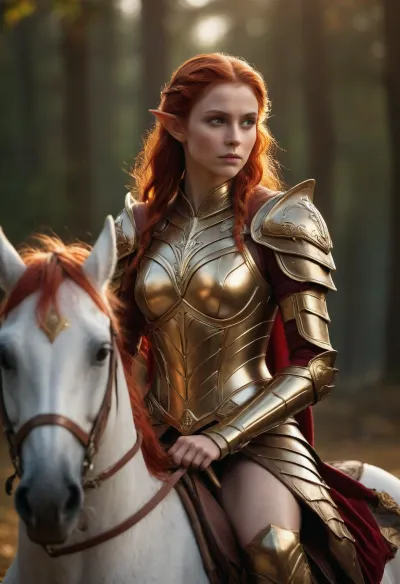 ultrarealistic elf female warrior with a gold armor, red hair, fantasy backgroud, riding a pegaso