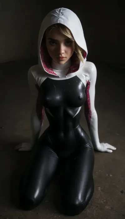 (((18 years old))), (((young))), (spider girl Gwen Stacy), Braided side Side Cornrows white Hair, (seductive shy face), ((tight outfit)), (athletic body:1.5), (athletic abs and legs), (hip gap:1.3), ((wide hips)), (narrow waist:1.7), (white hair), (view from front:1.6), (view from above:1.5), (overhead view), (clubfoot), ((leaning forward)), ((sitting on knees)), (makeup), ((pussy cameltoe:1.2)), (wet clothes:1.3), (makeup:1.4), (oiled skin:1.7), ((wet tight bodysuit:1.8)), hand, 1girl, (athletic ass), (high detailed face:1.5), dim lights, (hard nipples:1.2), (big perky boobs:1.34), big breast, (chiaroscuro lighting:.3), <lora:HandFineTuning_XL:1>, <lora:MGLRbodysuit_sdxl:.6>, <lora:uberfit_lora_sdxl:.4>, <lora:dark:.3>, woman, on, knees, <lora:woman_on_knees_v2_xl_lora_37:.8>