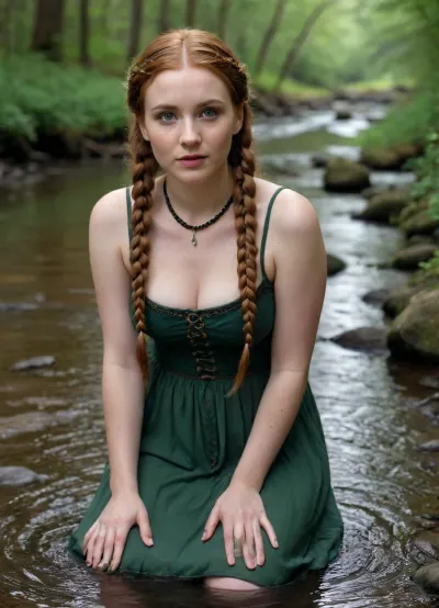 30-year-old full-figured busty woman in simple historical gothic dress with long ginger hair with braids, whole body view, simple headband in hair, headband, inexpressive face, shy look into the lens, green eyes, narrow face, slim austere face, sunken cheeks, pointed chin, small nose, very narrow lips, thin light eyebrows, wooden beads around neck, very pale complexion, white skin, no makeup on face, full figure, big breasts, wide hips, kneels in water of a forest stream and washes dress by hands, full body view