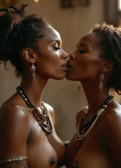 portrait profile 3/4 view of 2 female of 30 year old female African Ebony queen with tribal jewelery, pressed tightly together, They kiss tenderly, their tongues mingling, very covered in thick white realistic cum, very deflated breasts, very empty flat breasts, normal-sized very drooping breasts, sexy expression, woman, cum on face, cum on breasts, <lora:MJ52:.3>, <lora:BUT_SDXL_SHS:1.3>, <lora:add-detail-xl:.7>, <lora:CinematicStyle_v1:2>, <lora:JustCum:.8>