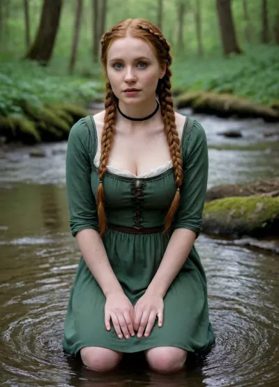 30-year-old full-figured busty woman in simple historical gothic dress with long ginger hair with braids, whole body view, simple headband in hair, headband, inexpressive face, shy look into the lens, green eyes, narrow face, slim austere face, sunken cheeks, pointed chin, small nose, very narrow lips, thin light eyebrows, wooden beads around neck, very pale complexion, white skin, no makeup on face, full figure, big breasts, wide hips, kneels in water of a forest stream and washes dress by hands, full body view