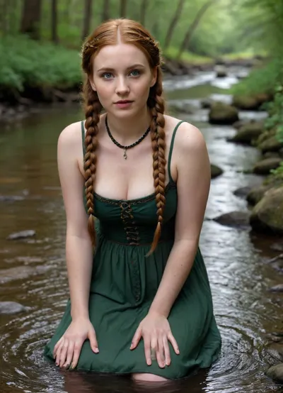 30-year-old full-figured busty woman in simple historical gothic dress with long ginger hair with braids, whole body view, simple headband in hair, headband, inexpressive face, shy look into the lens, green eyes, narrow face, slim austere face, sunken cheeks, pointed chin, small nose, very narrow lips, thin light eyebrows, wooden beads around neck, very pale complexion, white skin, no makeup on face, full figure, big breasts, wide hips, kneels in water of a forest stream and washes dress by hands, full body view