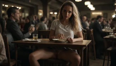 Beautiful, feminine, youthful 22-year-old woman, She sits with her legs slightly spread on a chair at a polished wooden table, the viewer can see what is happening under the table, indoor in a very crowded and well-attended cafe in Paris, perfect hands, (she secretly lifts her skirt a a very tiny bit for just a second and surreptitiously shows the viewer her tight, hairy pussy:1.4), (her hand pulls up her skirt:1.6), (ultra-detailed pussy:1.5), (perfect lit pussy:1.9), intricate details, The hard nipples are visible on the white shirt, (photorealistic:1.5), 8k, UHD, strong sidelight, contrast, razor-sharp, (masterpiece:1), (slim:1), side view, blonde, long hair, wearing a skirt, wearing a white T-shirt with a pattern, shy smile, visible vagina, skirt, sunny summer afternoon, crowd, of, people, FRESHIDEAS, Real, Photography, 2#, <lora:FRESHIDEAS Real Photography 2#:.8>, <lora:crowd_notrigger:.8>, <lora:MJ52:.8>, <lora:attractive_notrigger:.2>, <lora:dark:.1>