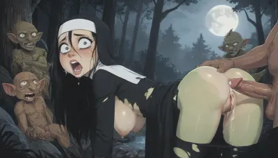high quality, anal fuck, fuck mouth, doggy, asshole, (Jack cayless art style), dark forest, night, moon, nun clothes, torn clothes, pubic hairm goblin girl, cross, crying, screaming, goblin ears, very skinny, sagging breasts, black hair, long hair, mascara, pale skin, pink nipples, green small goblin, lots of cum, cum covered all body, (cartoon), tooned, cartoon, low color palette, painted, illustration, made in illustrator, no gradients, incase style, concept, retro, futuristic, flat colors, masterpiece, <lora:ratatatat74-000050:.3>, <lora:outline_xl_kohaku_delta_spv5x:.3>, <lora:cartoon_stickers_xl_v1:.3>, <lora:NEOTOKIOXL_0.2_RC:.3>, <lora:DetailedEyes_V3:.3>