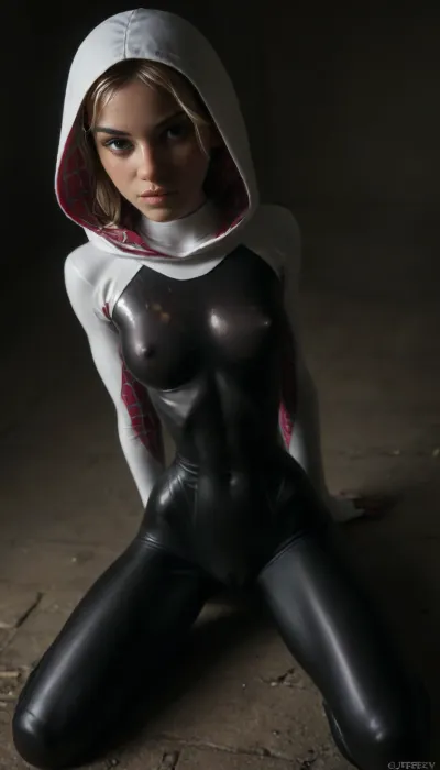 (((18 years old))), (((young))), (spider girl Gwen Stacy), Braided side Side Cornrows white Hair, (seductive shy face), ((tight outfit)), (athletic body:1.5), (athletic abs and legs), (hip gap:1.3), ((wide hips)), (narrow waist:1.7), (white hair), (view from front:1.6), view from above, (overhead view:1.4), (clubfoot), ((leaning forward)), ((sitting on knees)), (makeup), ((pussy cameltoe:1.4)), (wet clothes), (makeup:1.4), (oiled skin:1.7), ((wet tight bodysuit:1.8)), hand, 1girl, (athletic ass), (high detailed face:1.5), dim lights, (hard nipples:1.2), (big perky boobs:1.34), big breast, (chiaroscuro lighting:.3), <lora:HandFineTuning_XL:1>, <lora:MGLRbodysuit_sdxl:.6>, <lora:uberfit_lora_sdxl:.4>, <lora:dark:.3>, woman, on, knees, <lora:woman_on_knees_v2_xl_lora_37:.8>